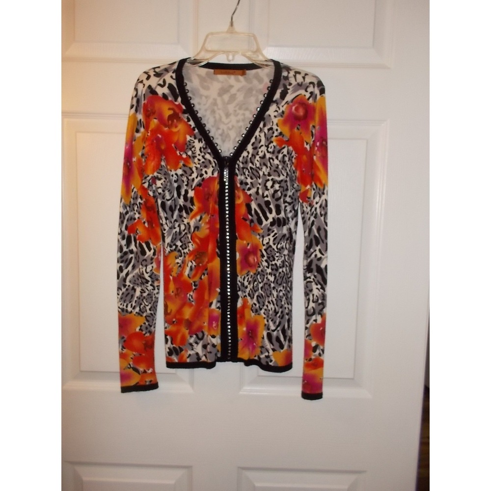 Belldini Animal Print Rhinestone Zip Front Cardigan Sweater Mock Neck
